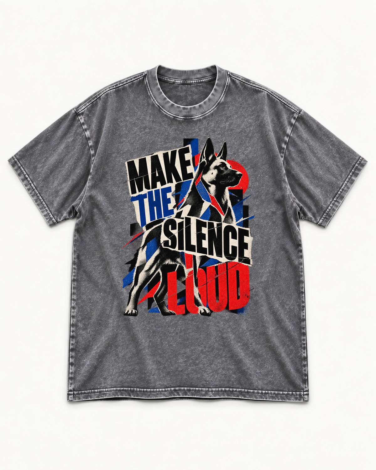 German Shepherd Dog Make the Silence Loud Washed Tee in Gray, flat lay product photo