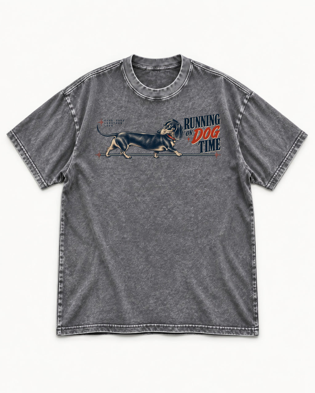 Dachshund Lengthens Life Washed Tee in Gray, flat lay product photo