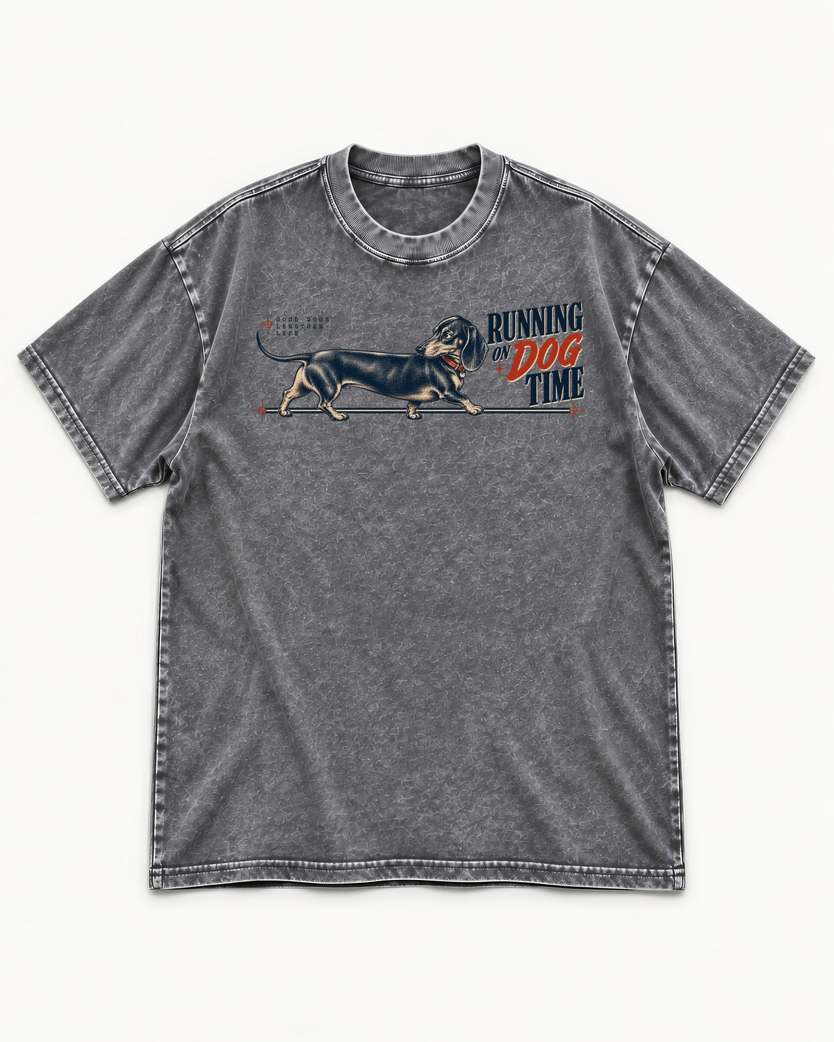 Dachshund Lengthens Life Washed Tee in Gray, flat lay product photo