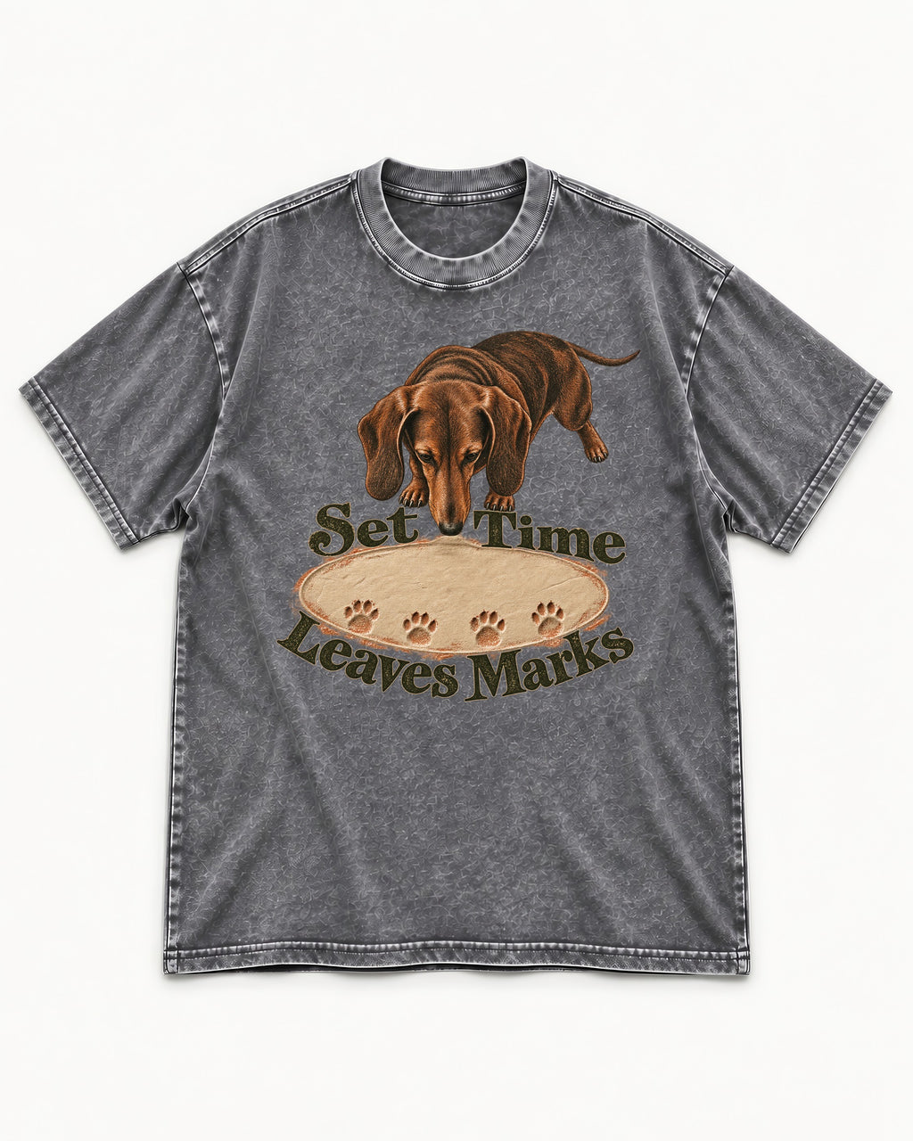 Dachshund Time Leaves Marks Washed Tee in Gray, flat lay product photo