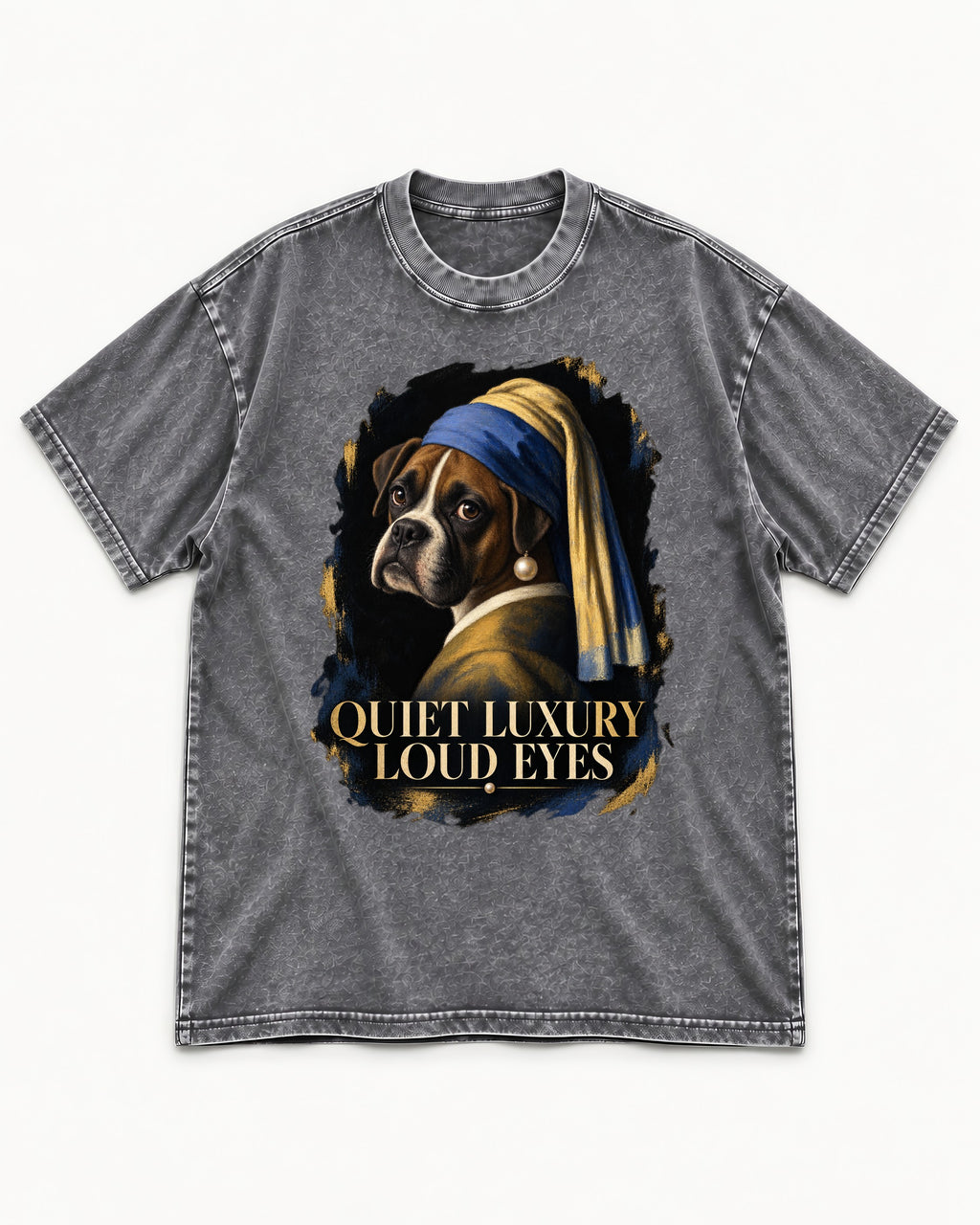 Quiet Luxury Loud Eyes Boxer Pearl Portrait Washed Tee in Gray, flat lay product photo