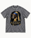 Quiet Luxury Loud Eyes Boxer Pearl Portrait Washed Tee in Gray, flat lay product photo