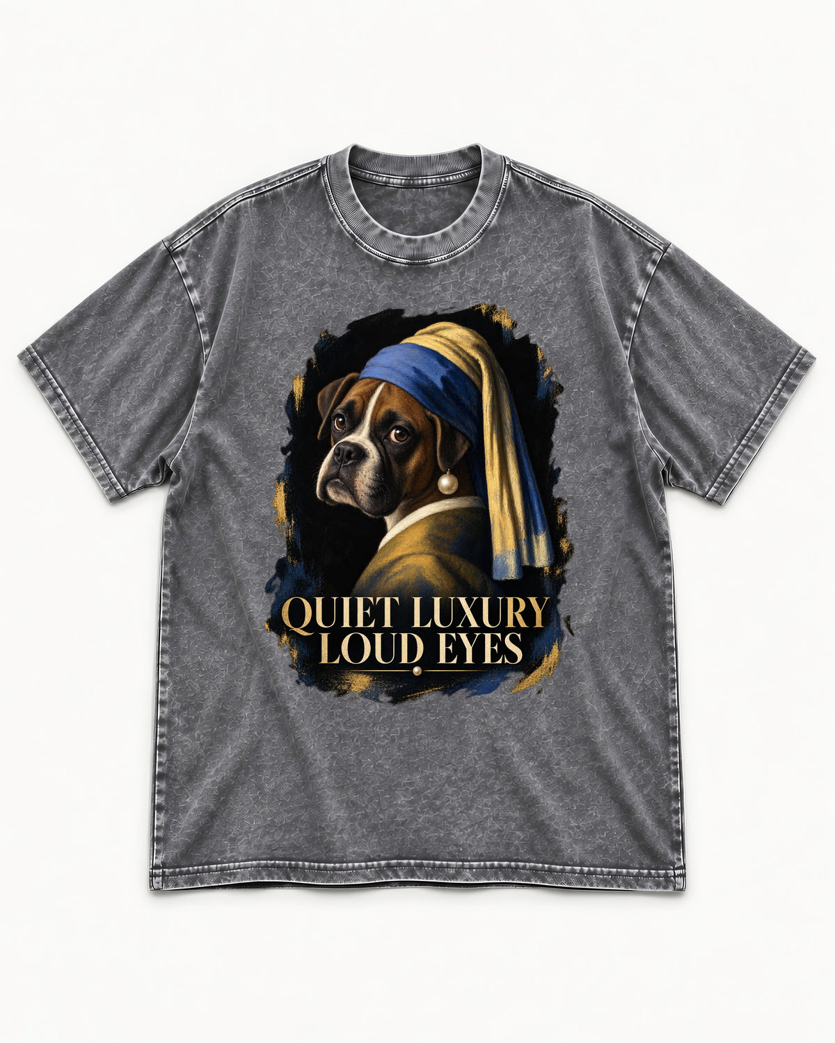 Quiet Luxury Loud Eyes Boxer Pearl Portrait Washed Tee in Gray, flat lay product photo