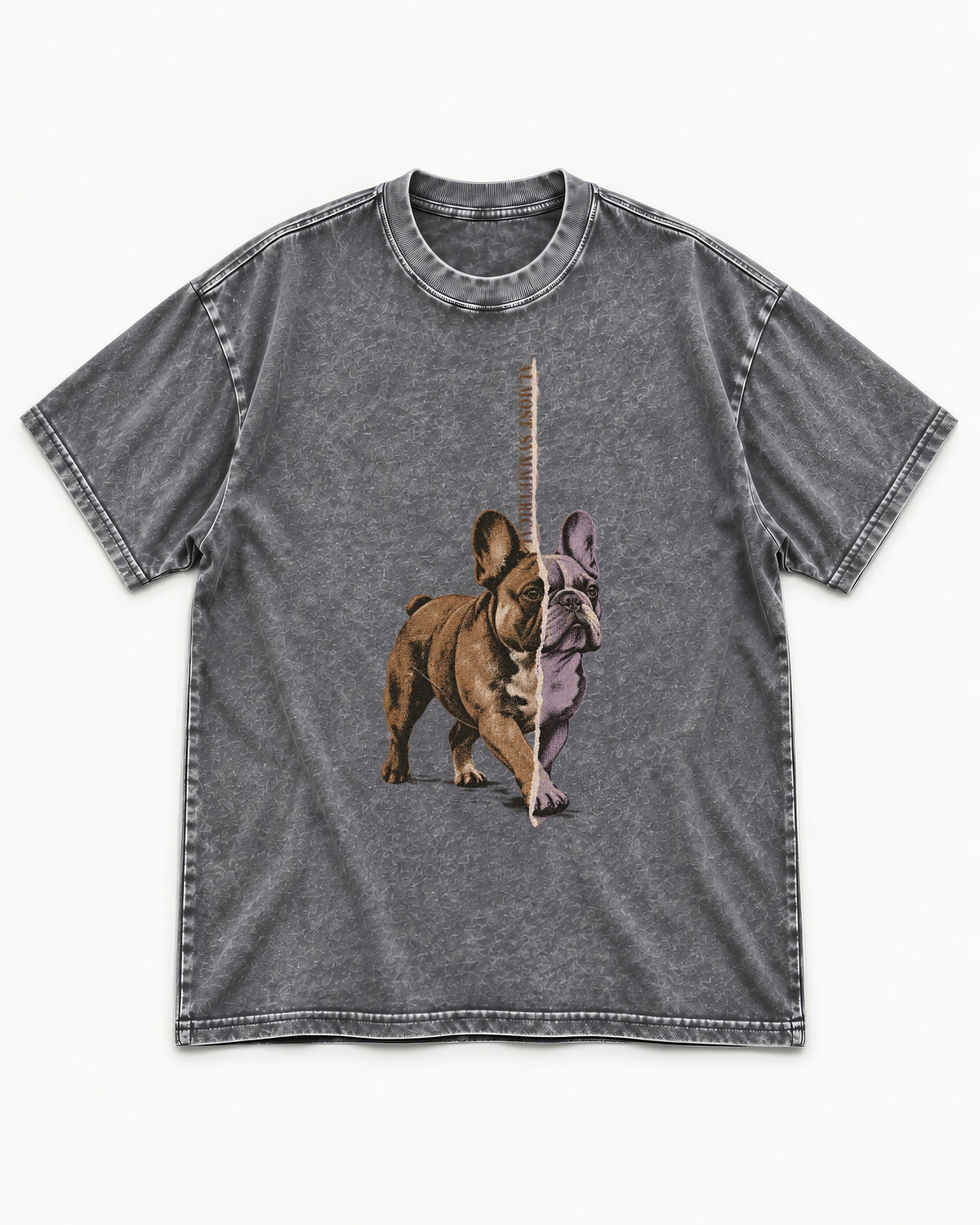 Frenchie Almost Symmetrical Torn Split Graphic Washed Tee in Gray, flat lay product photo