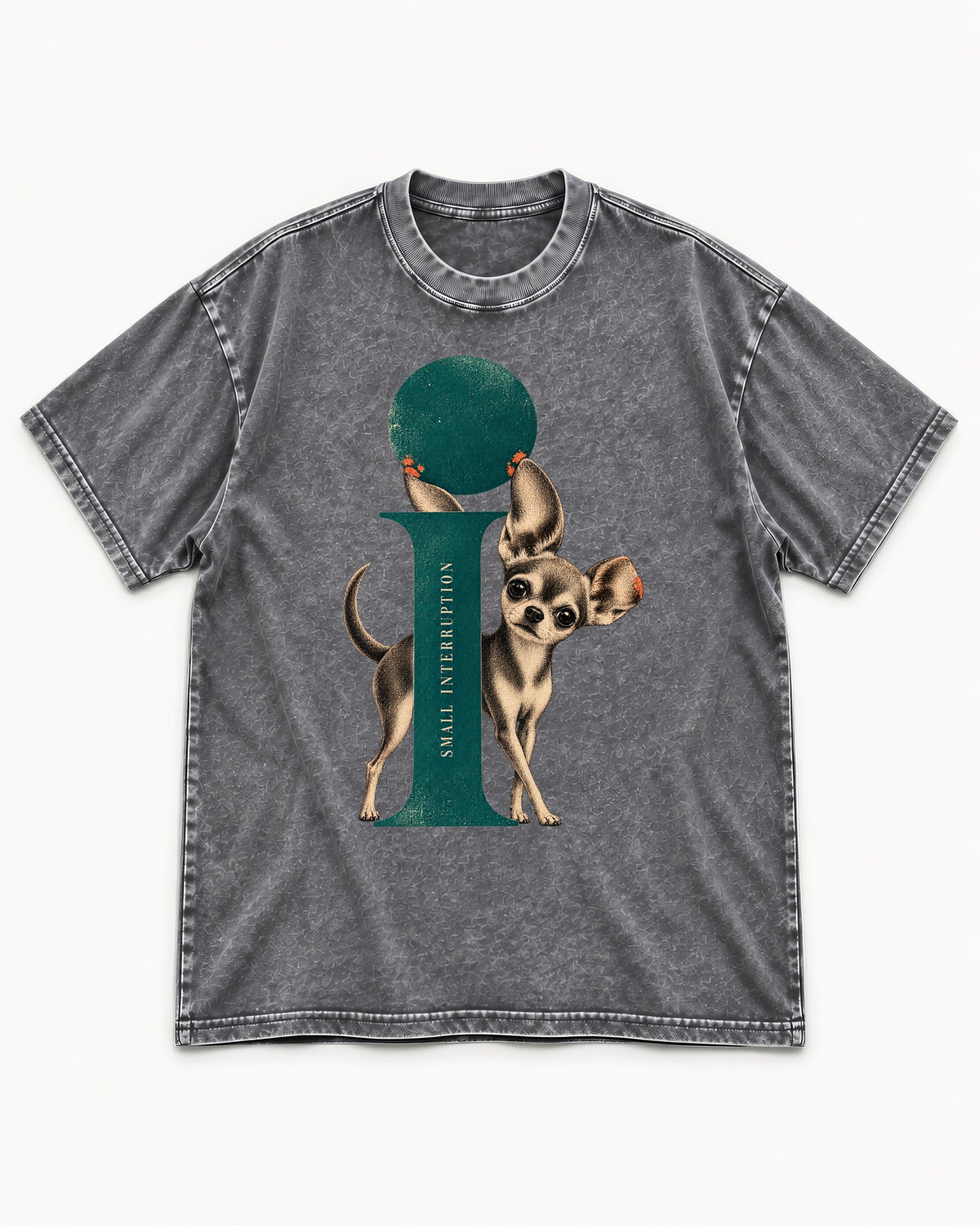 Chihuahua Small Interruption Geometric Portrait Washed Tee in Gray, flat lay product photo