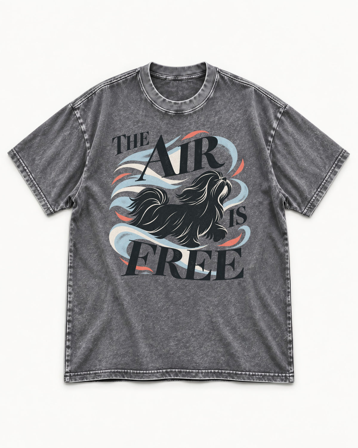 The Air Is Free Shih Tzu Washed Tee in Gray, flat lay product photo