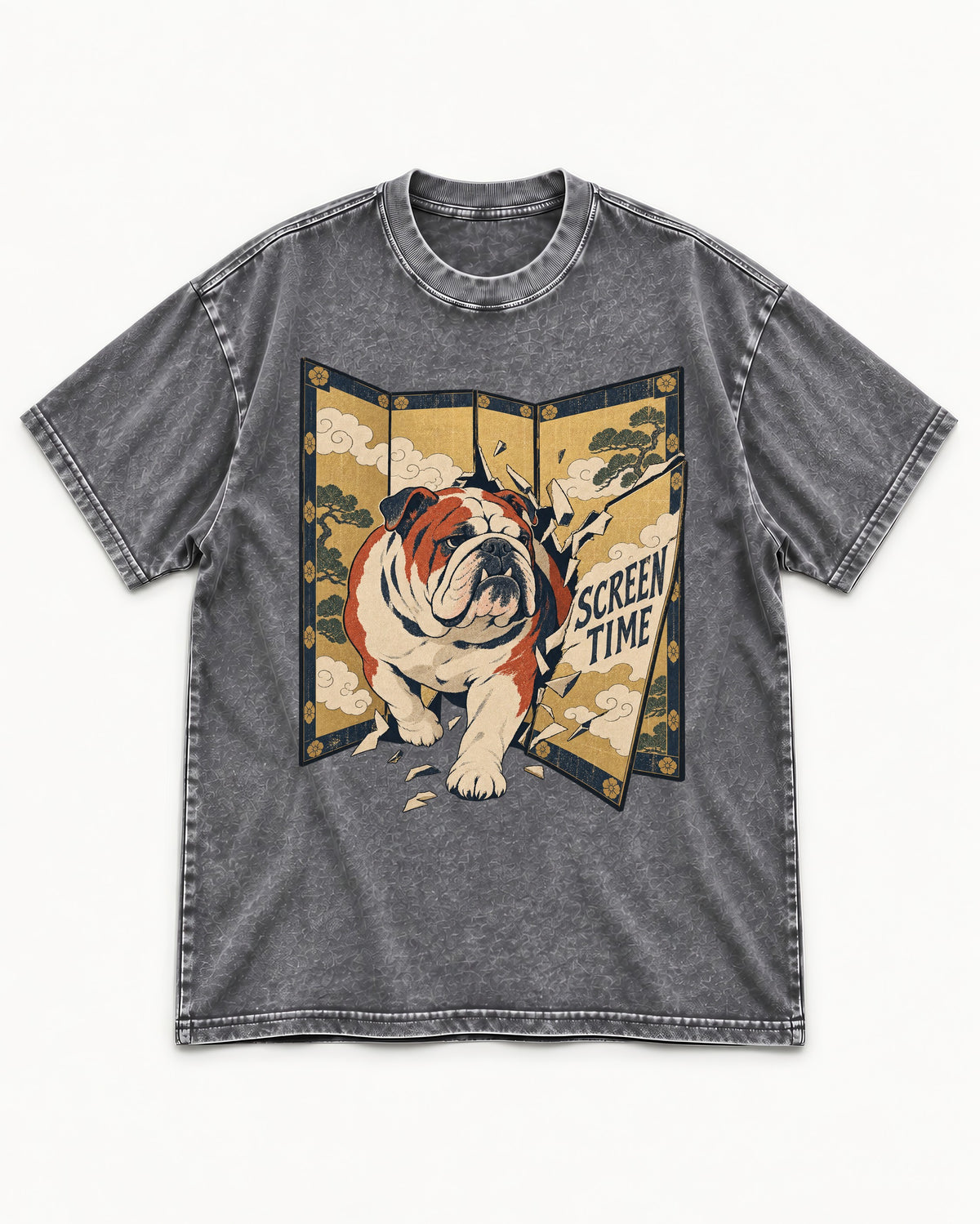 English Bulldog Screen Time Washed Tee in Gray, flat lay product photo