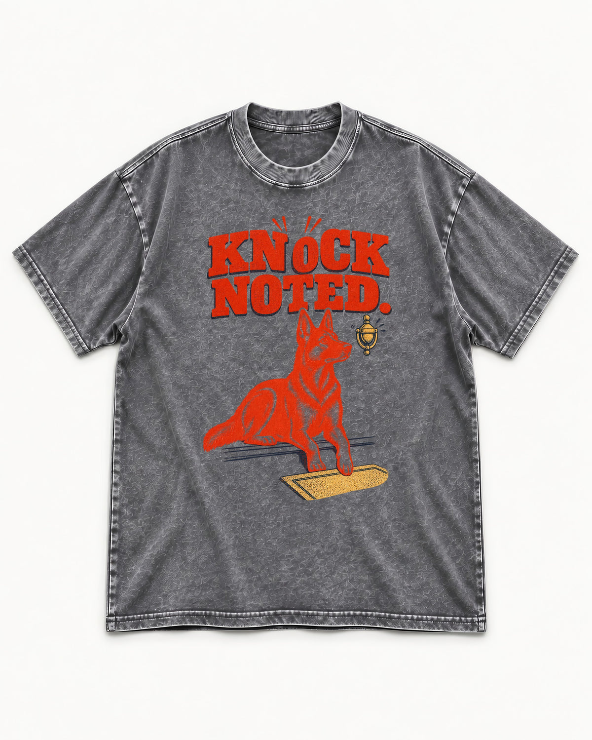 Knock Noted Door Knocker German Shepherd Dog Graphic Washed Tee in Gray, flat lay product photo