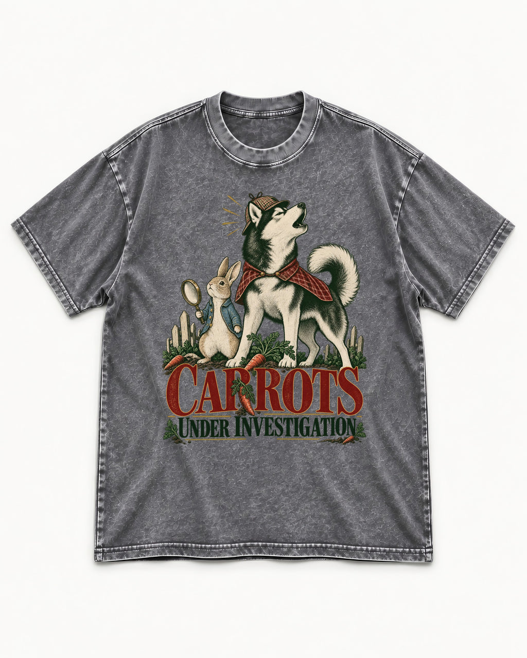 Carrots Under Husky Investigation Washed Tee in Gray, flat lay product photo