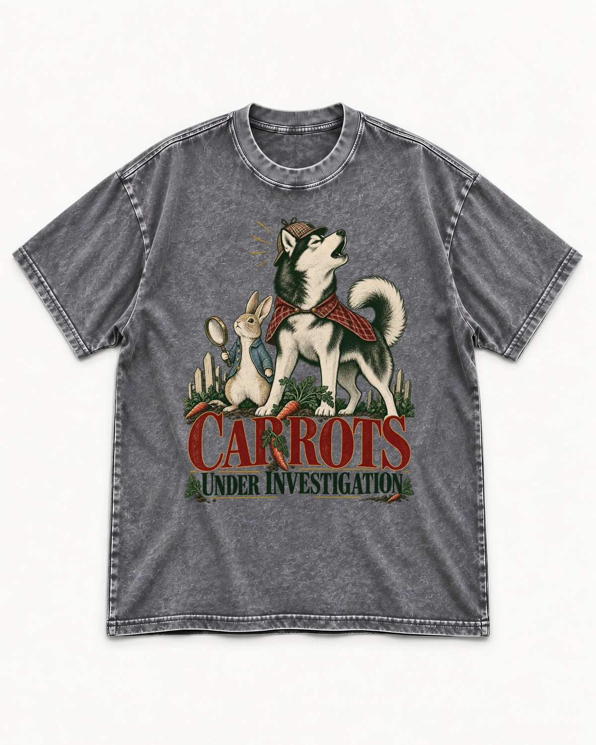 Carrots Under Husky Investigation Washed Tee in Gray, flat lay product photo