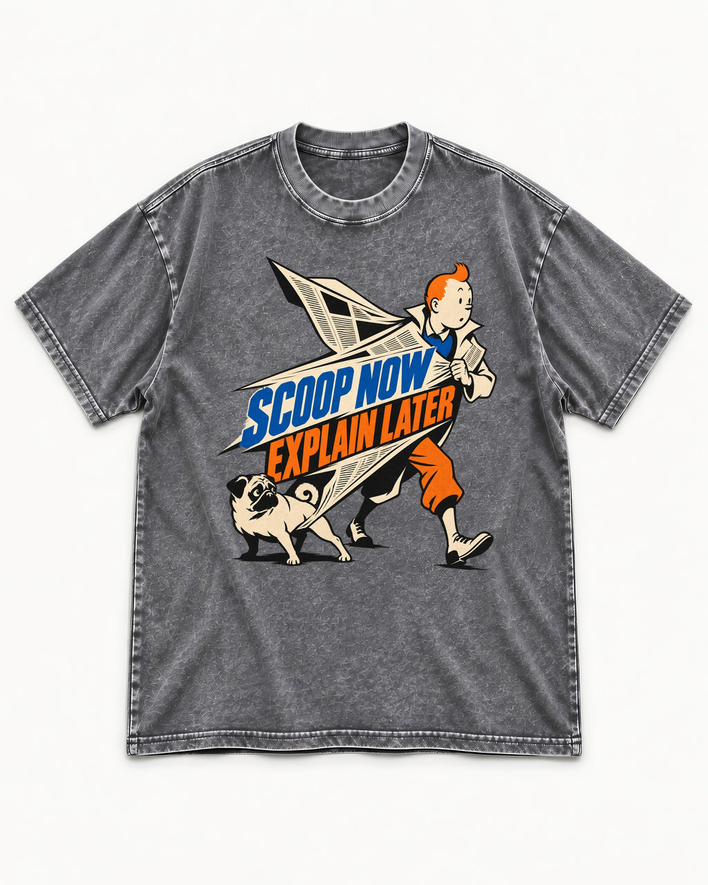 Pug Scoop Now Explain Later Washed Tee in Gray, flat lay product photo