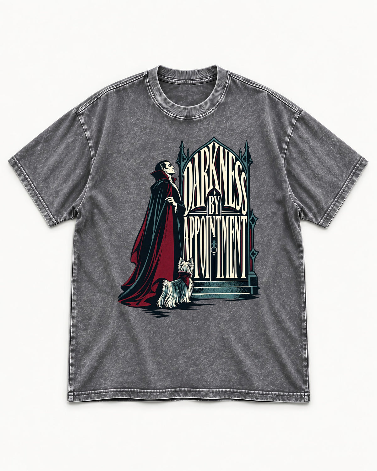 Darkness by Appointment with Yorkshire Terrier Washed Tee in Gray, flat lay product photo