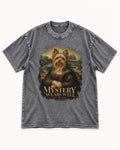 Yorkshire Terrier Mystery Wears Well Mona Lisa Portrait Graphic Washed Tee in Gray, flat lay product photo