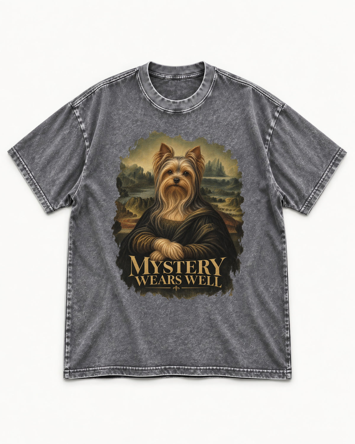Yorkshire Terrier Mystery Wears Well Mona Lisa Portrait Graphic Washed Tee in Gray, flat lay product photo