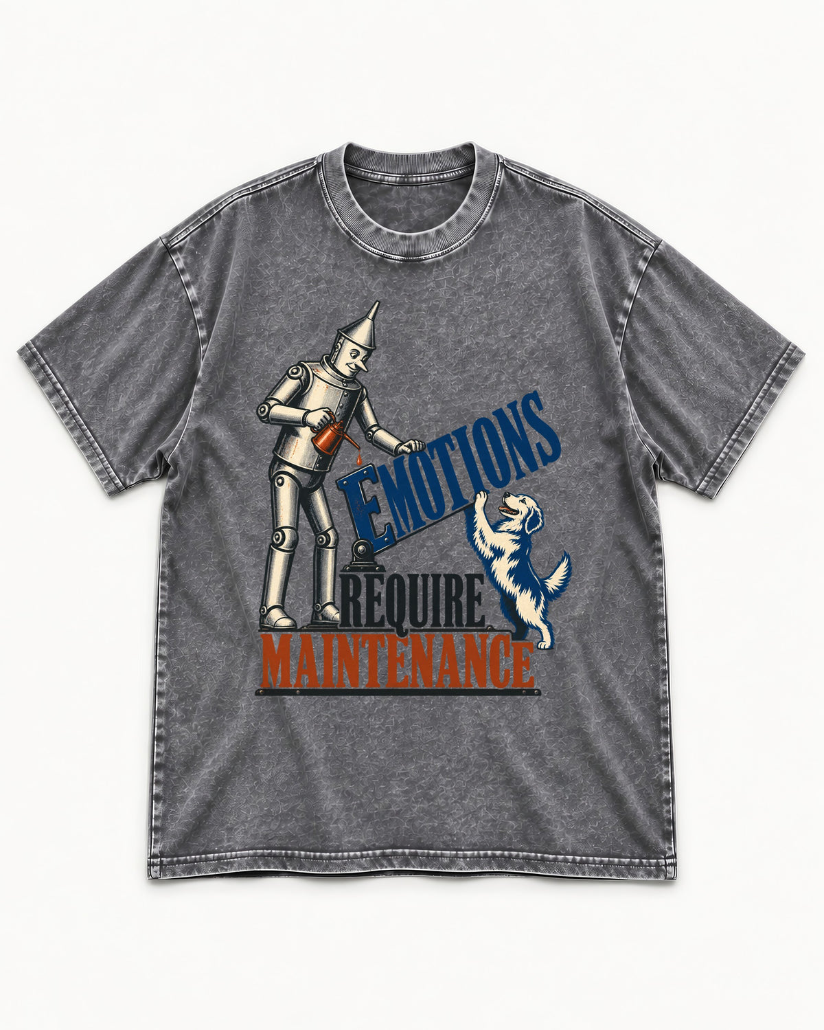 Golden Retriever Emotions Require Maintenance Washed Tee in Gray, flat lay product photo