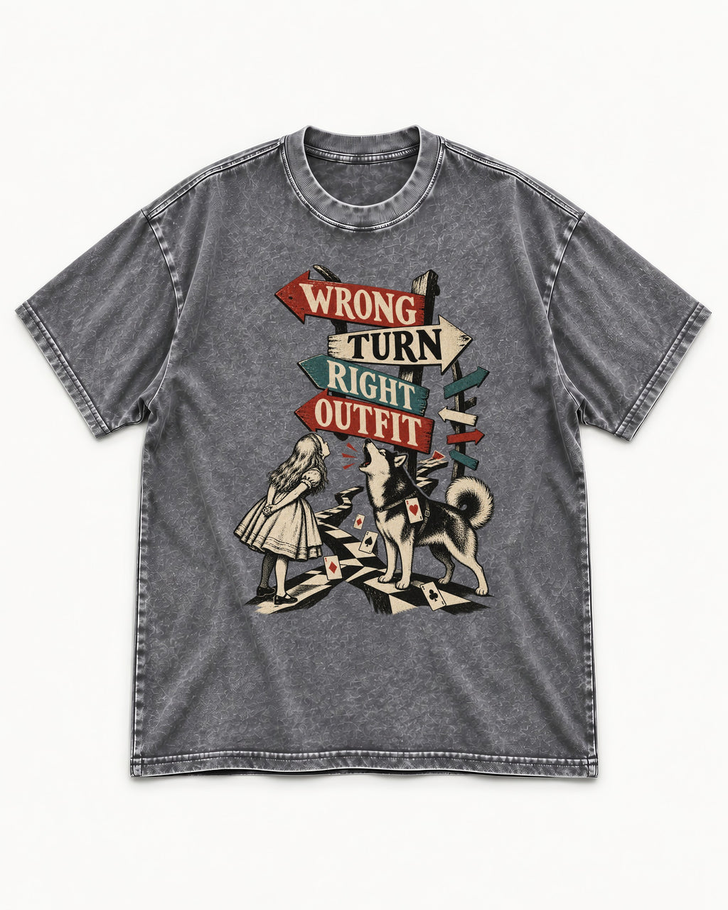 Husky Wrong Turn Right Outfit Wonderland Signpost Graphic Washed Tee in Gray, flat lay product photo