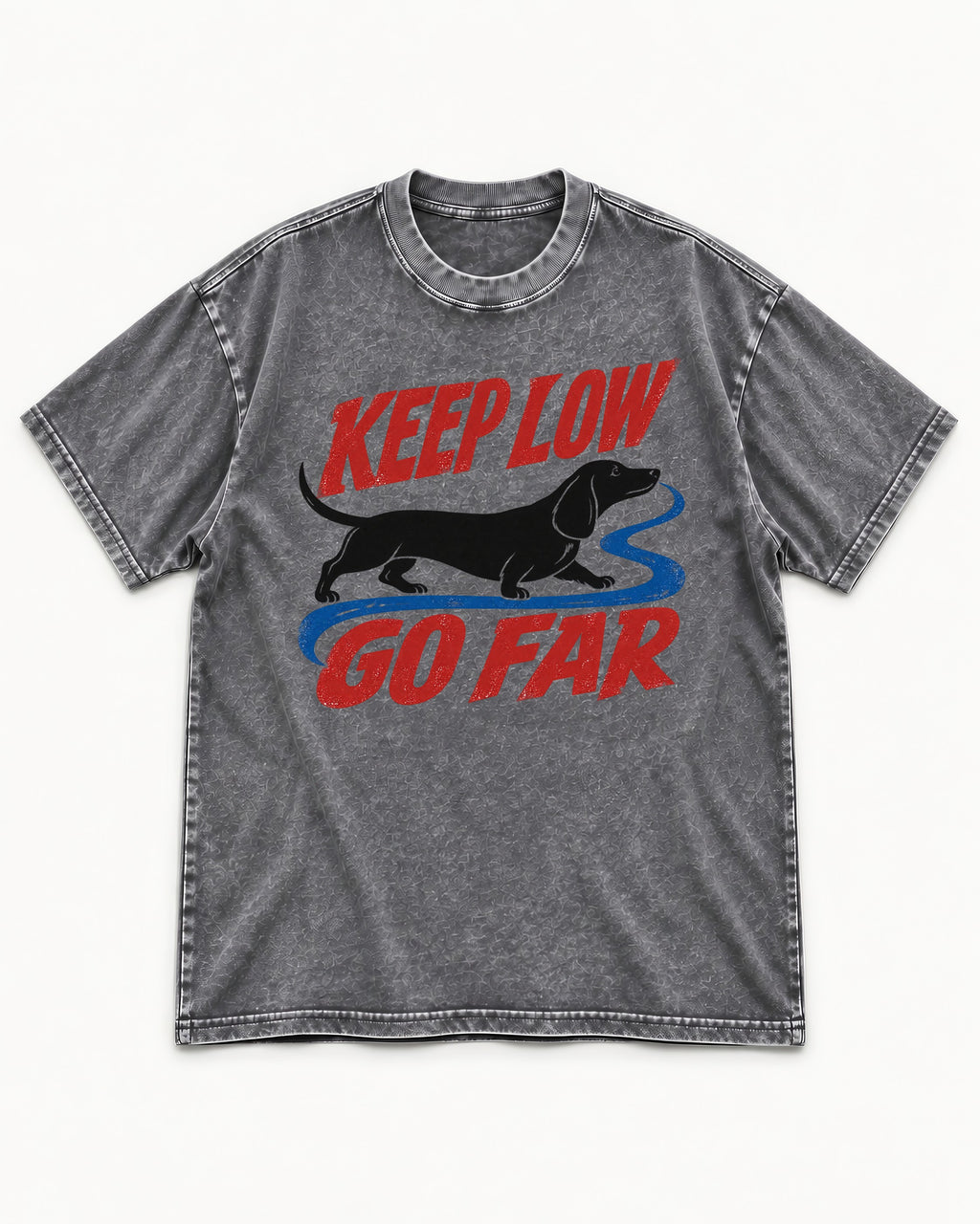Keep Low Go Far Dachshund Washed Tee in Gray, flat lay product photo