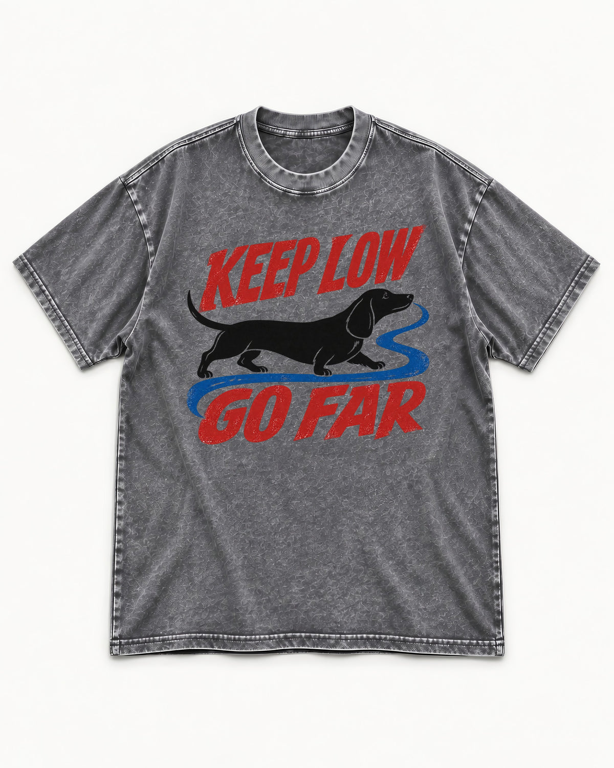 Keep Low Go Far Dachshund Washed Tee in Gray, flat lay product photo