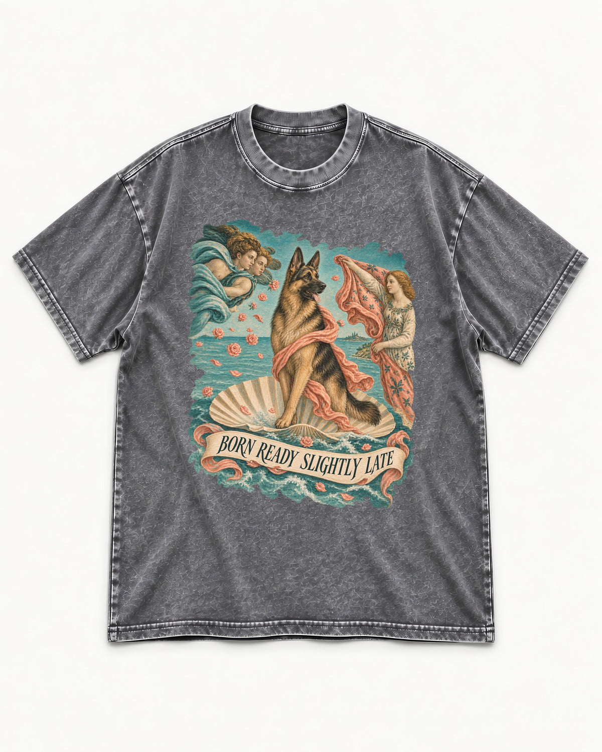 German Shepherd Dog Born Ready Slightly Late Venus Graphic Washed Tee in Gray, flat lay product photo