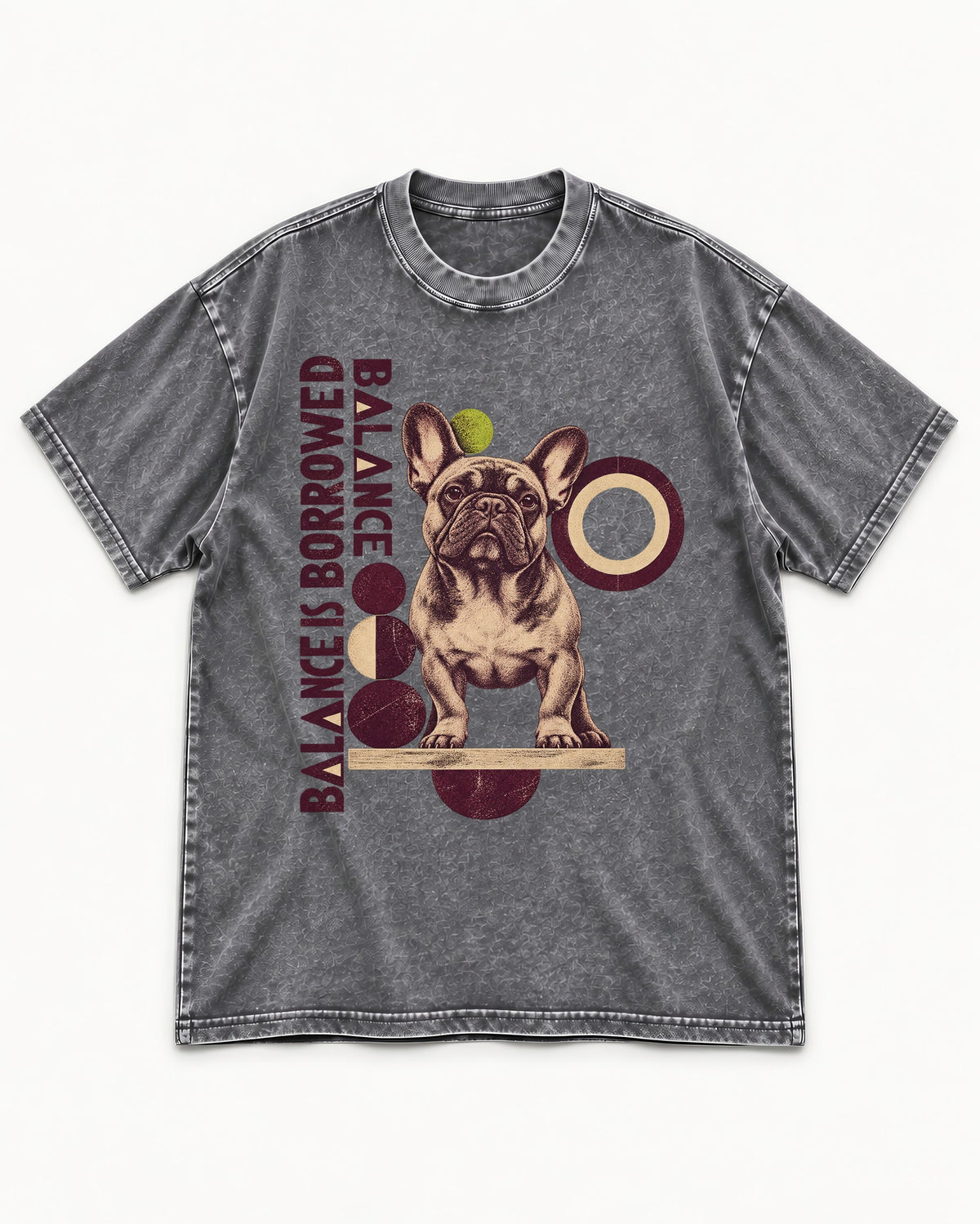 Frenchie's Balance Is Borrowed Washed Tee in Gray, flat lay product photo
