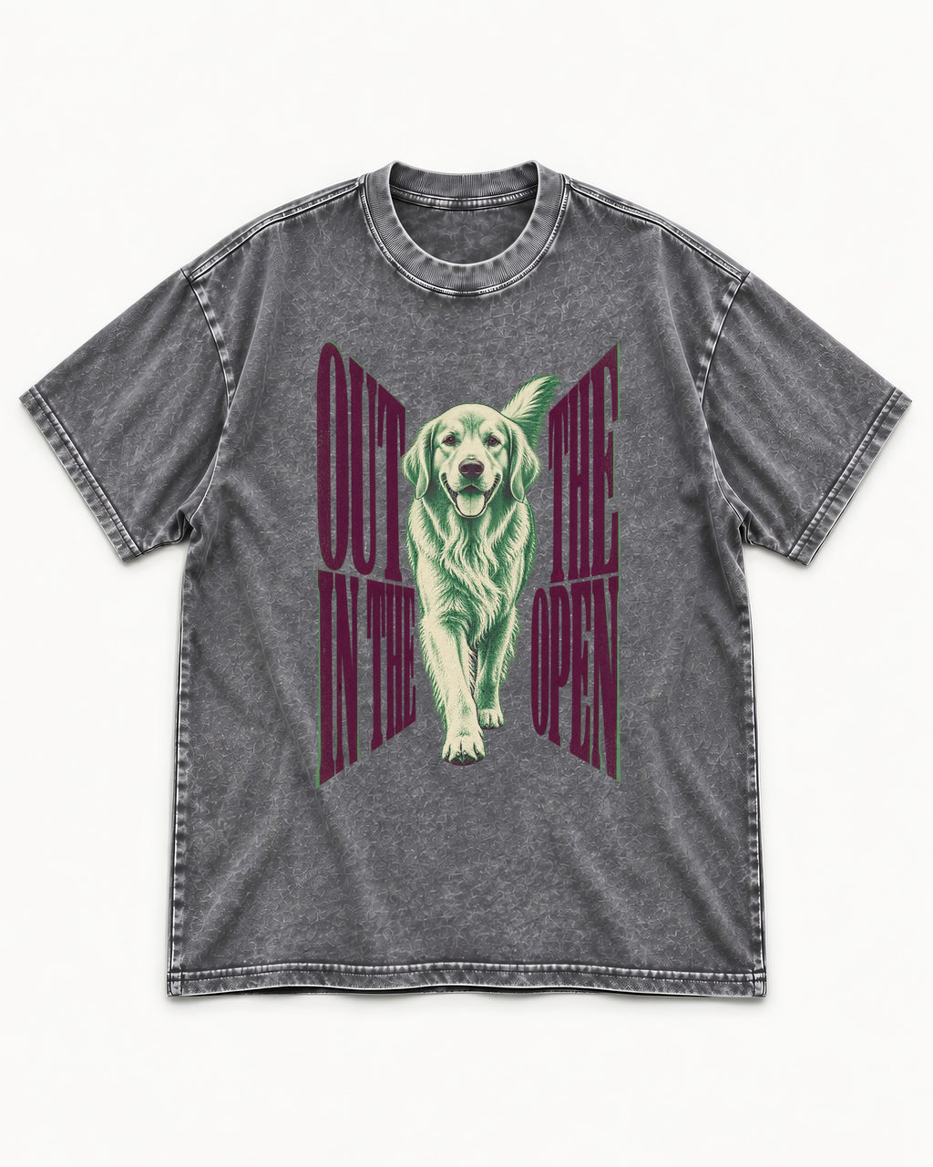 Golden Retriever Out in the Open Washed Tee in Gray, flat lay product photo