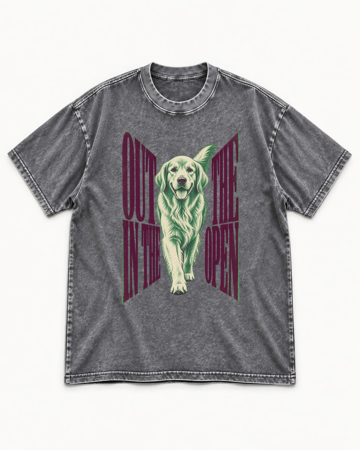 Golden Retriever Out in the Open Washed Tee in Gray, flat lay product photo