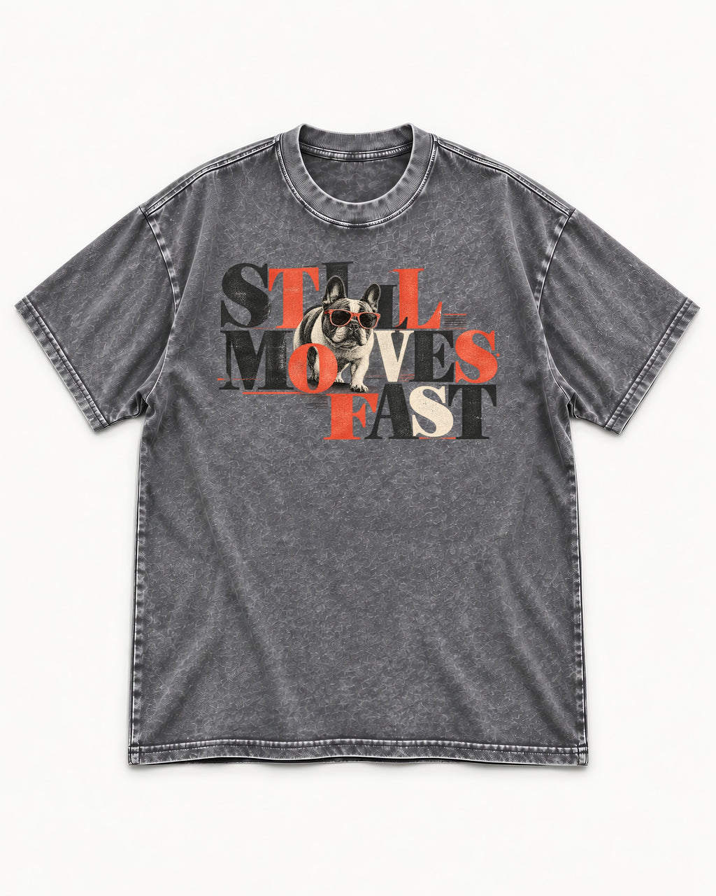 Frenchie Still Moves Fast Washed Tee in Gray, flat lay product photo