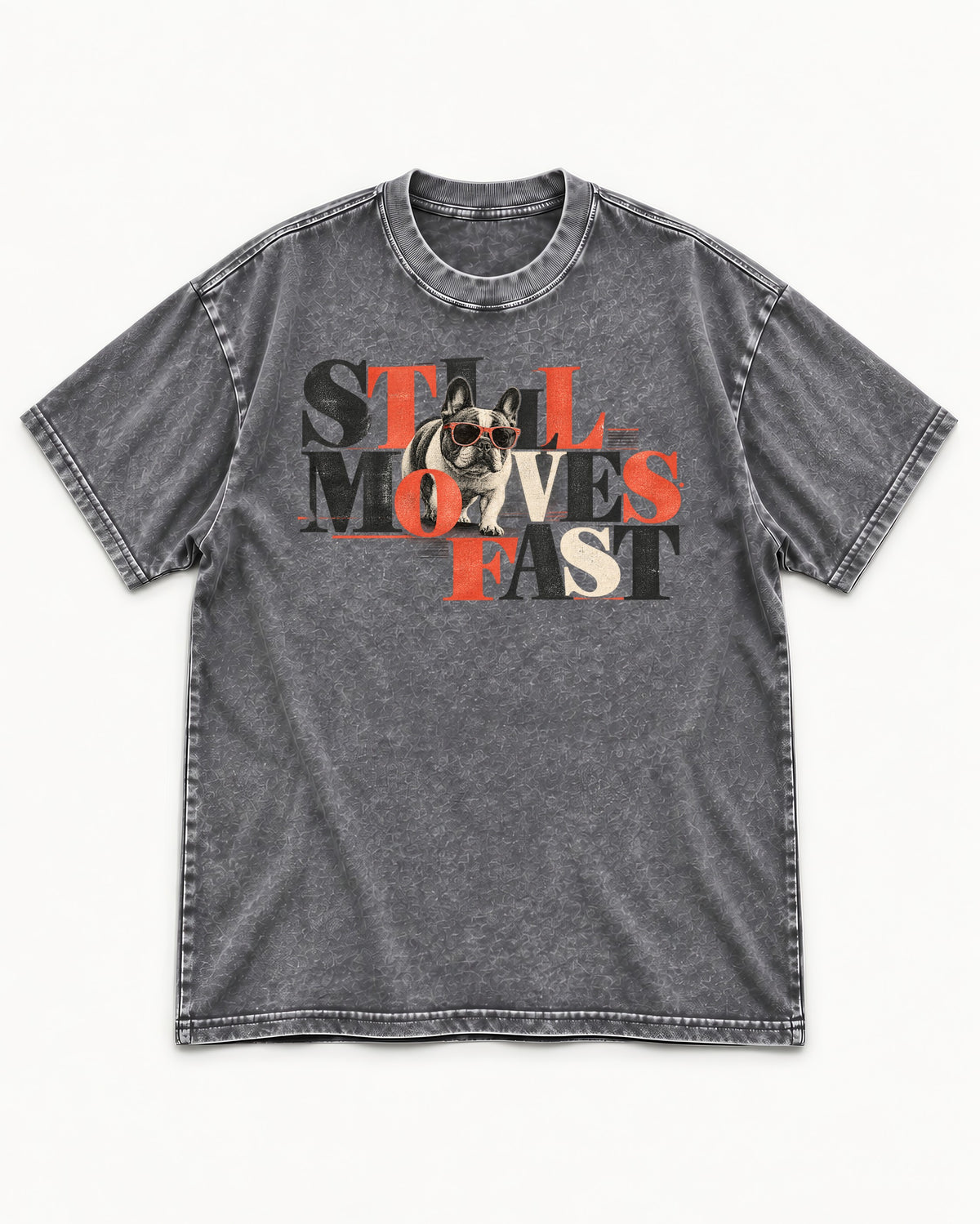 Frenchie Still Moves Fast Washed Tee in Gray, flat lay product photo