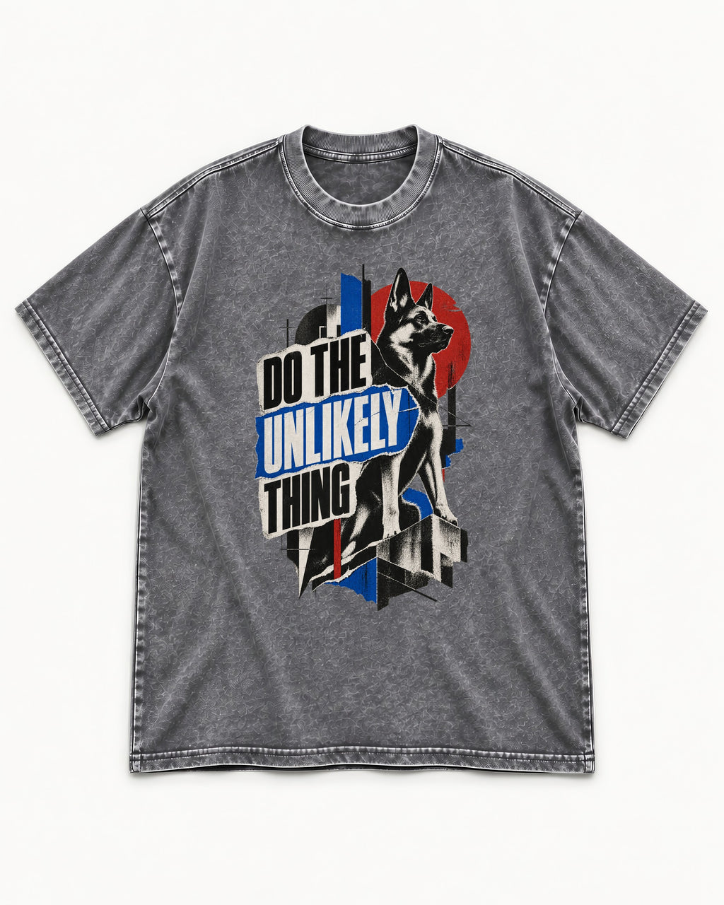 Do The Unlikely Thing Torn Poster German Shepherd Dog Graphic Washed Tee in Gray, flat lay product photo