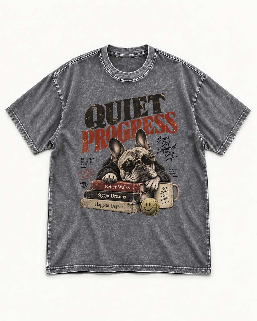 Quiet Progress Frenchie Washed Tee in Gray, flat lay product photo
