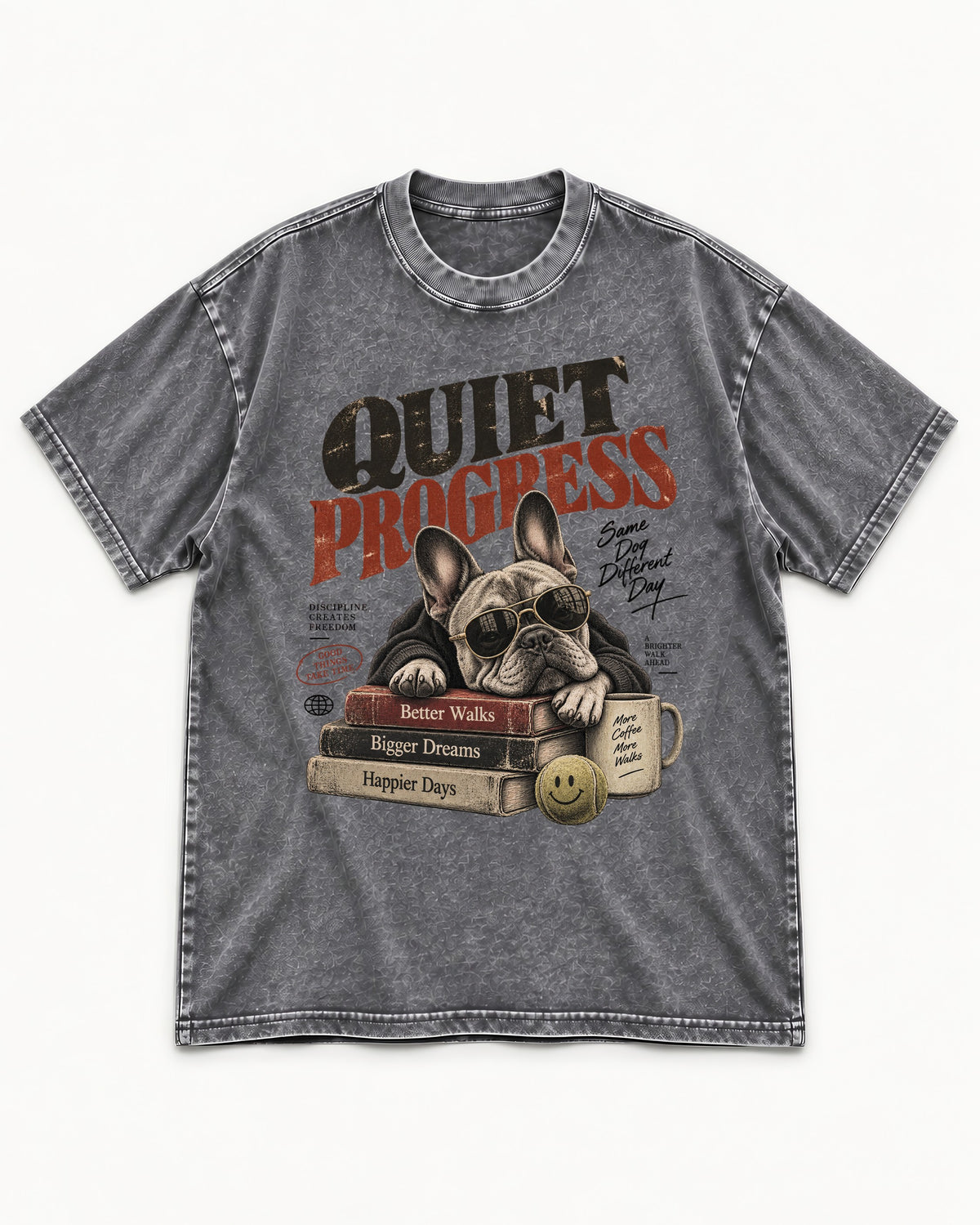 Quiet Progress Frenchie Washed Tee in Gray, flat lay product photo