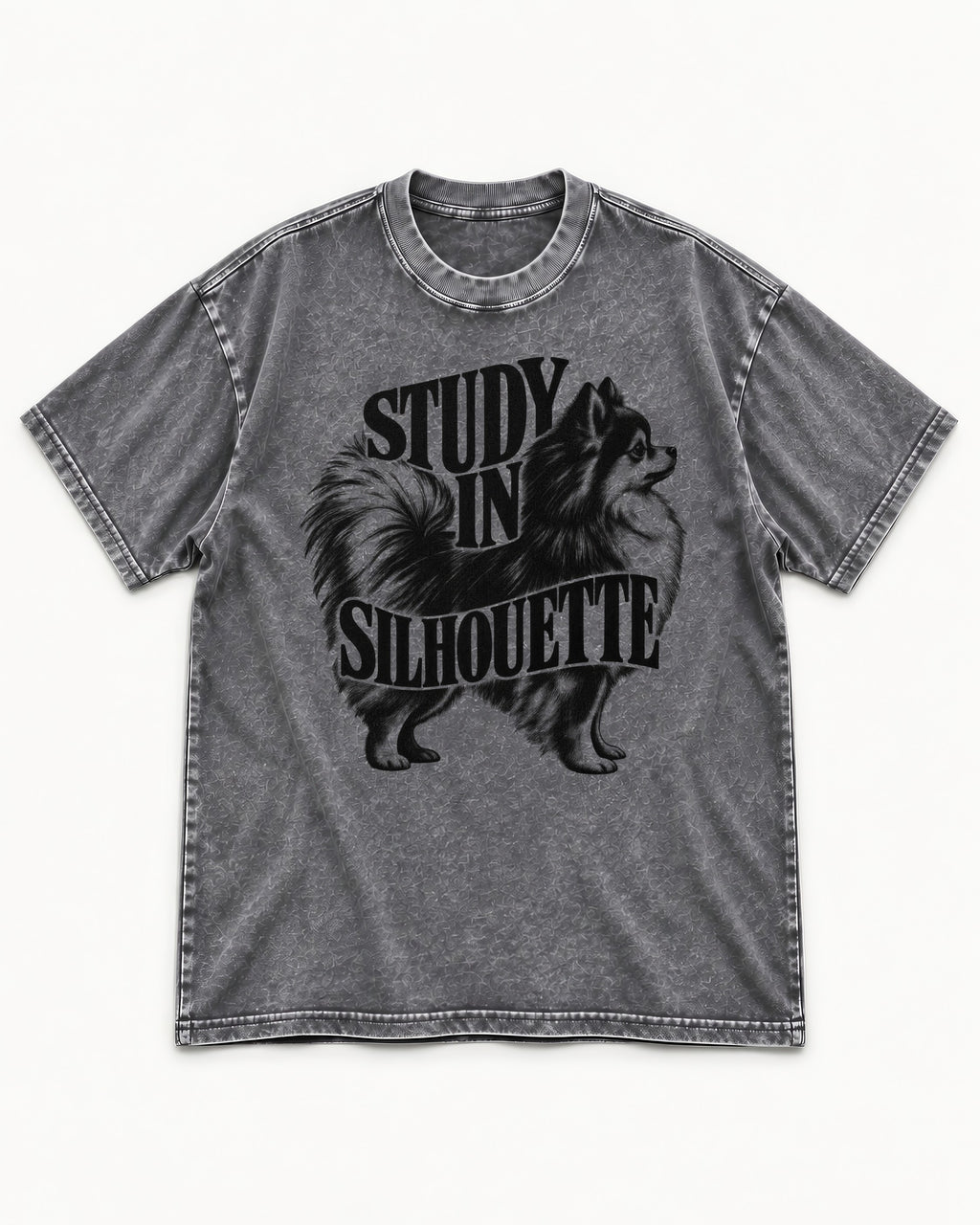 Pomeranian Study in Silhouette Washed Tee in Gray, flat lay product photo