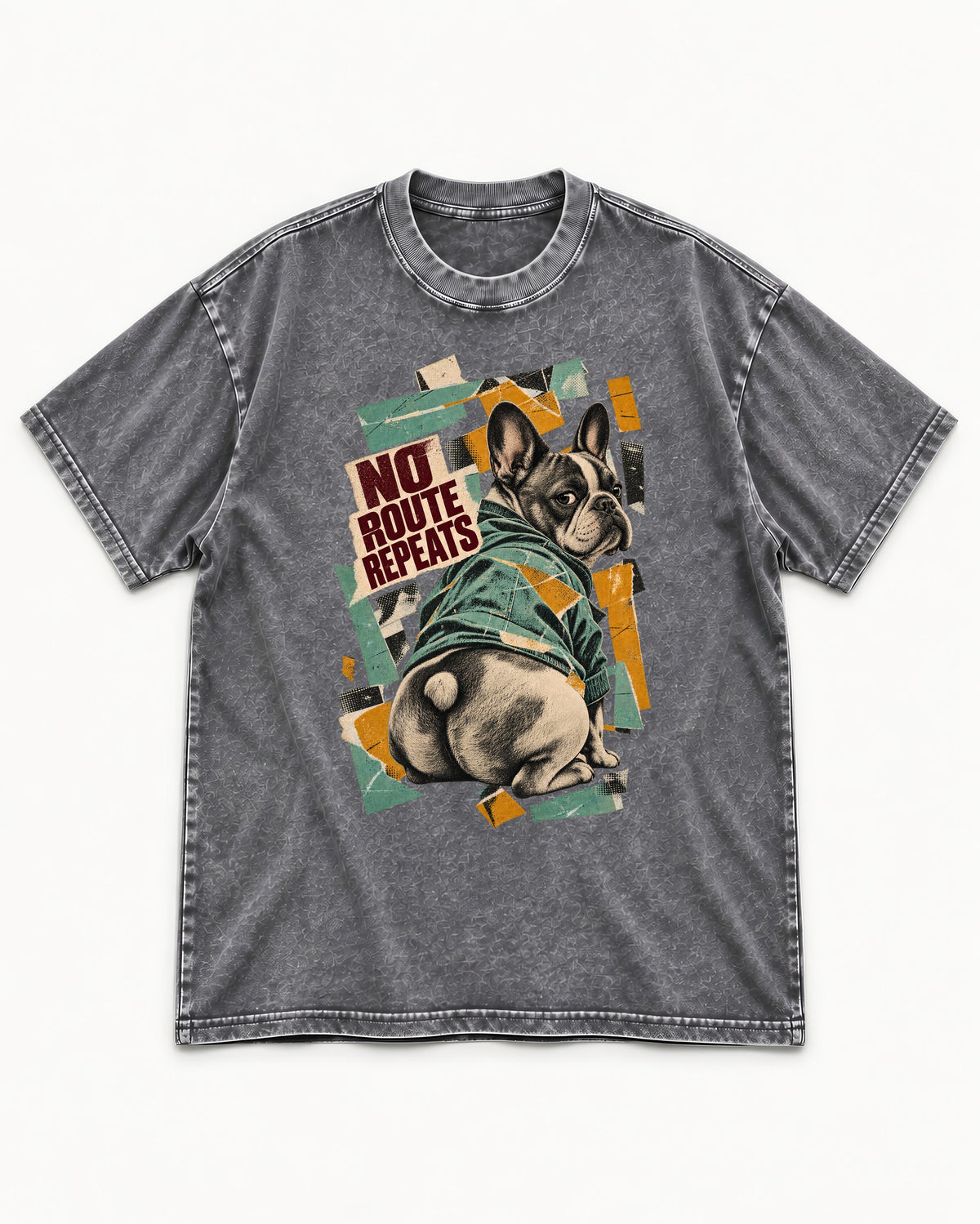 No Route Repeats Frenchie Washed Tee in Gray, flat lay product photo