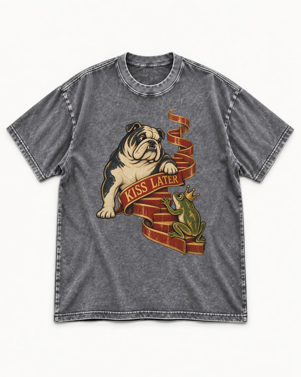 English Bulldog Kiss Later Frog Prince Graphic Washed Tee in Gray, flat lay product photo