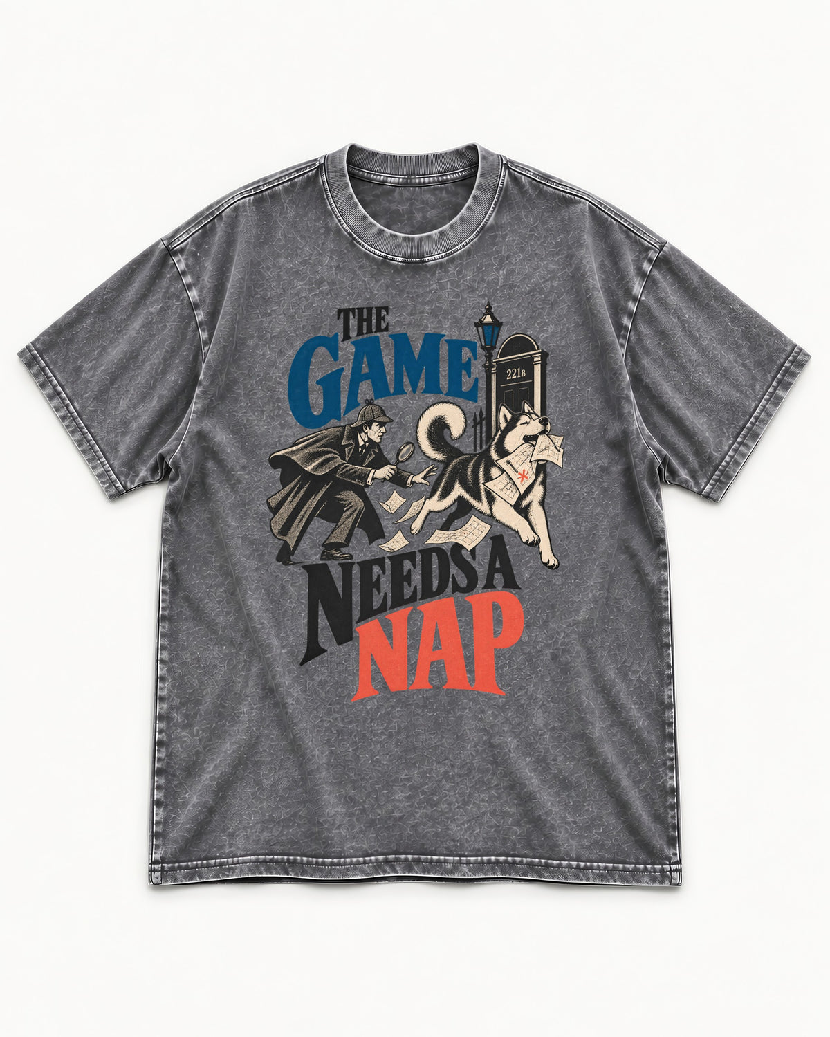 Husky Needs a Nap Washed Tee in Gray, flat lay product photo