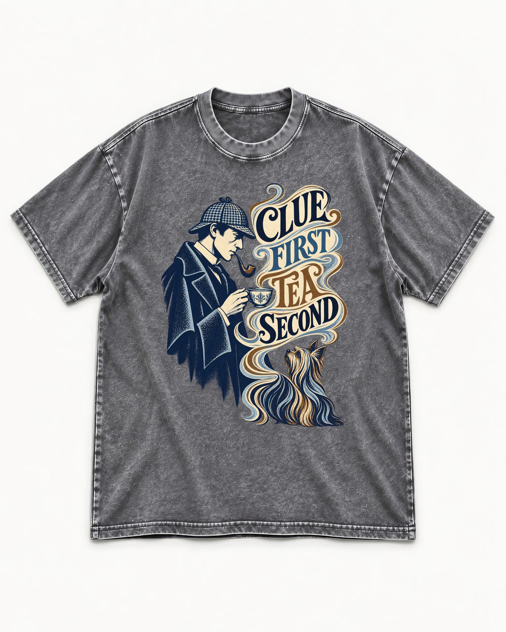 Yorkshire Terrier Clue First Tea Second Detective Graphic Washed Tee in Gray, flat lay product photo