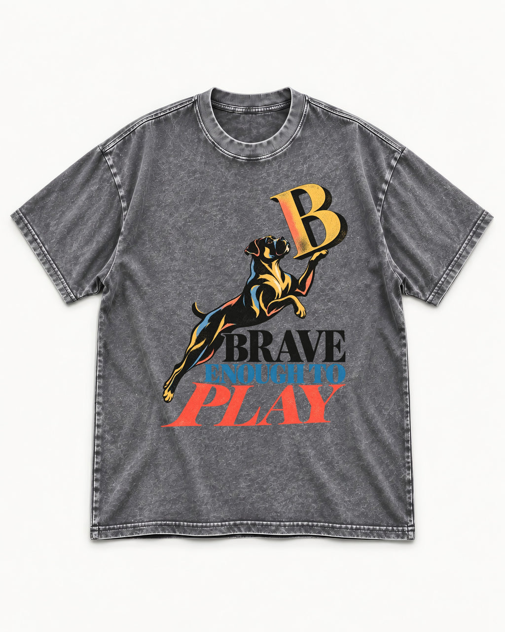 Boxer Brave Enough to Play Washed Tee in Gray, flat lay product photo