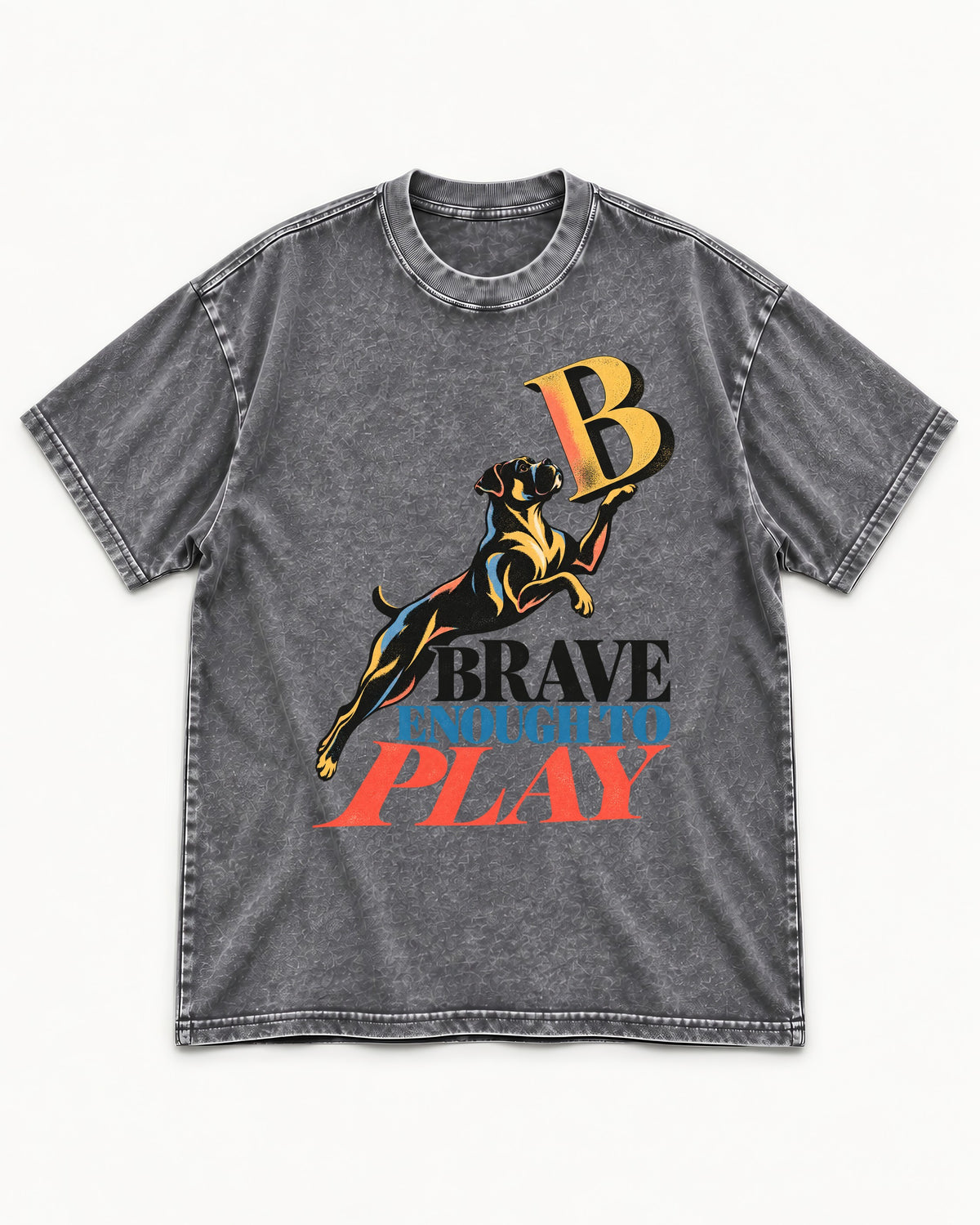 Boxer Brave Enough to Play Washed Tee in Gray, flat lay product photo
