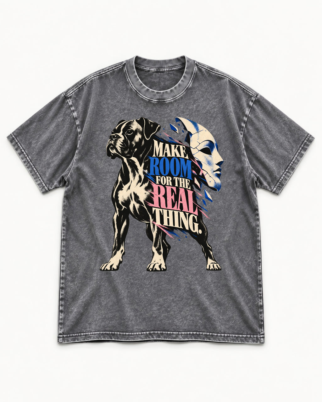 Make Room for the Real Thing Boxer Broken Mask Graphic Washed Tee in Gray, flat lay product photo