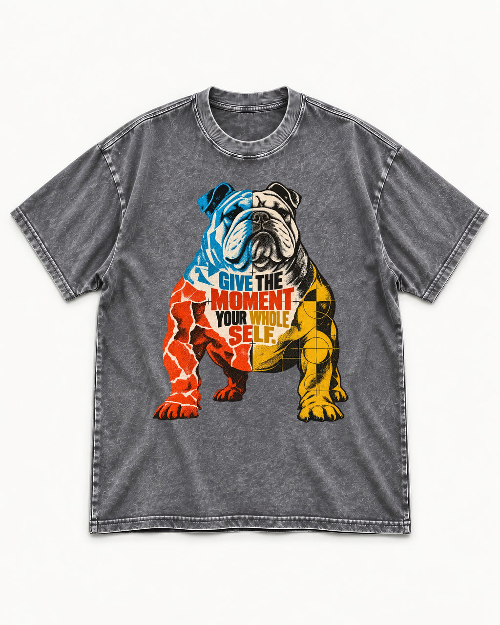 English Bulldog Give Your Whole Self Washed Tee in Gray, flat lay product photo