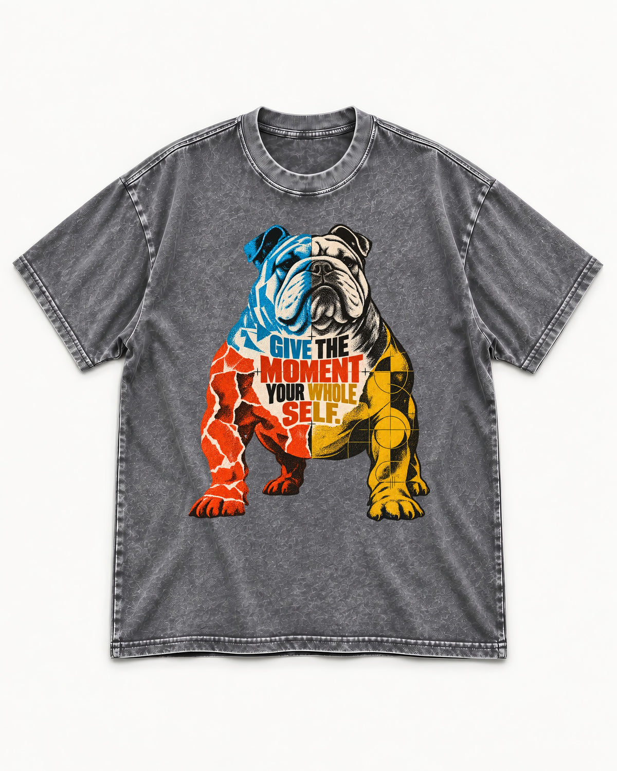 English Bulldog Give Your Whole Self Washed Tee in Gray, flat lay product photo