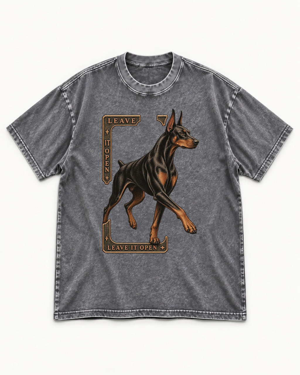 Leave It Open Doberman Washed Tee in Gray, flat lay product photo