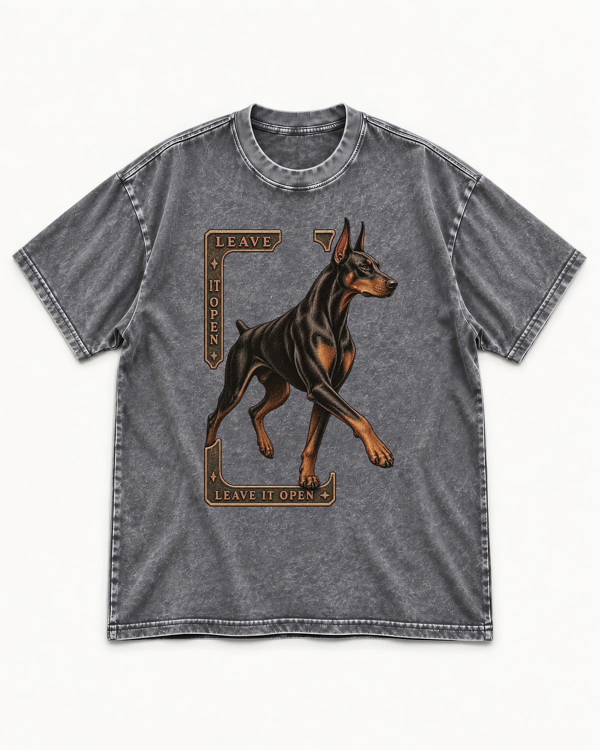 Leave It Open Doberman Washed Tee in Gray, flat lay product photo