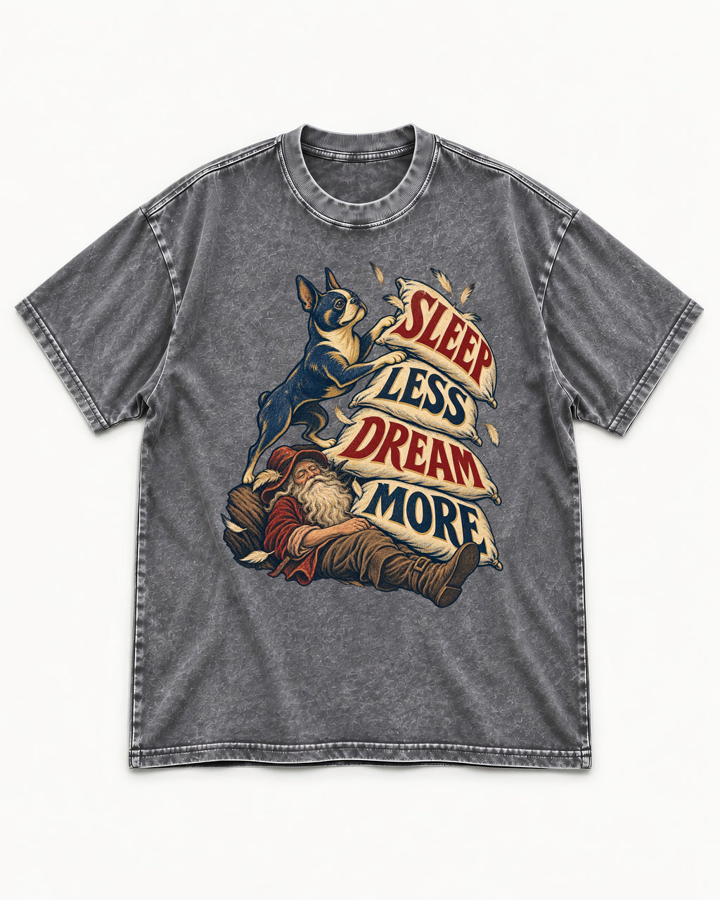 Boston Terrier Sleep Less Dream More Washed Tee in Gray, flat lay product photo