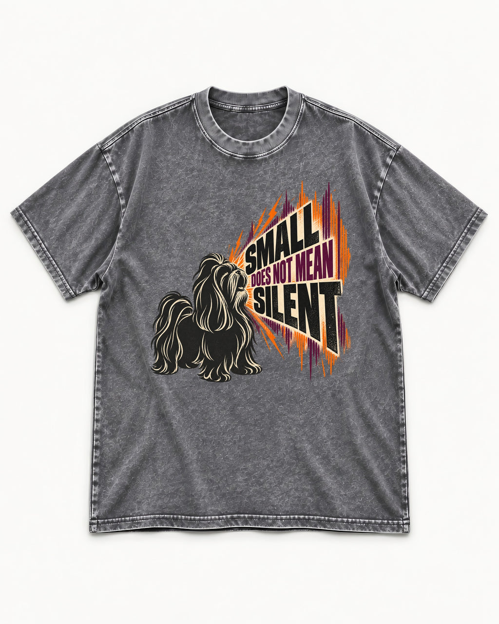 Small Not Silent Shih Tzu Washed Tee in Gray, flat lay product photo