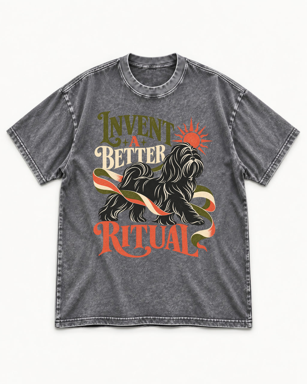 Shih Tzu Invent A Better Ritual Sunrise Ribbon Graphic Washed Tee in Gray, flat lay product photo