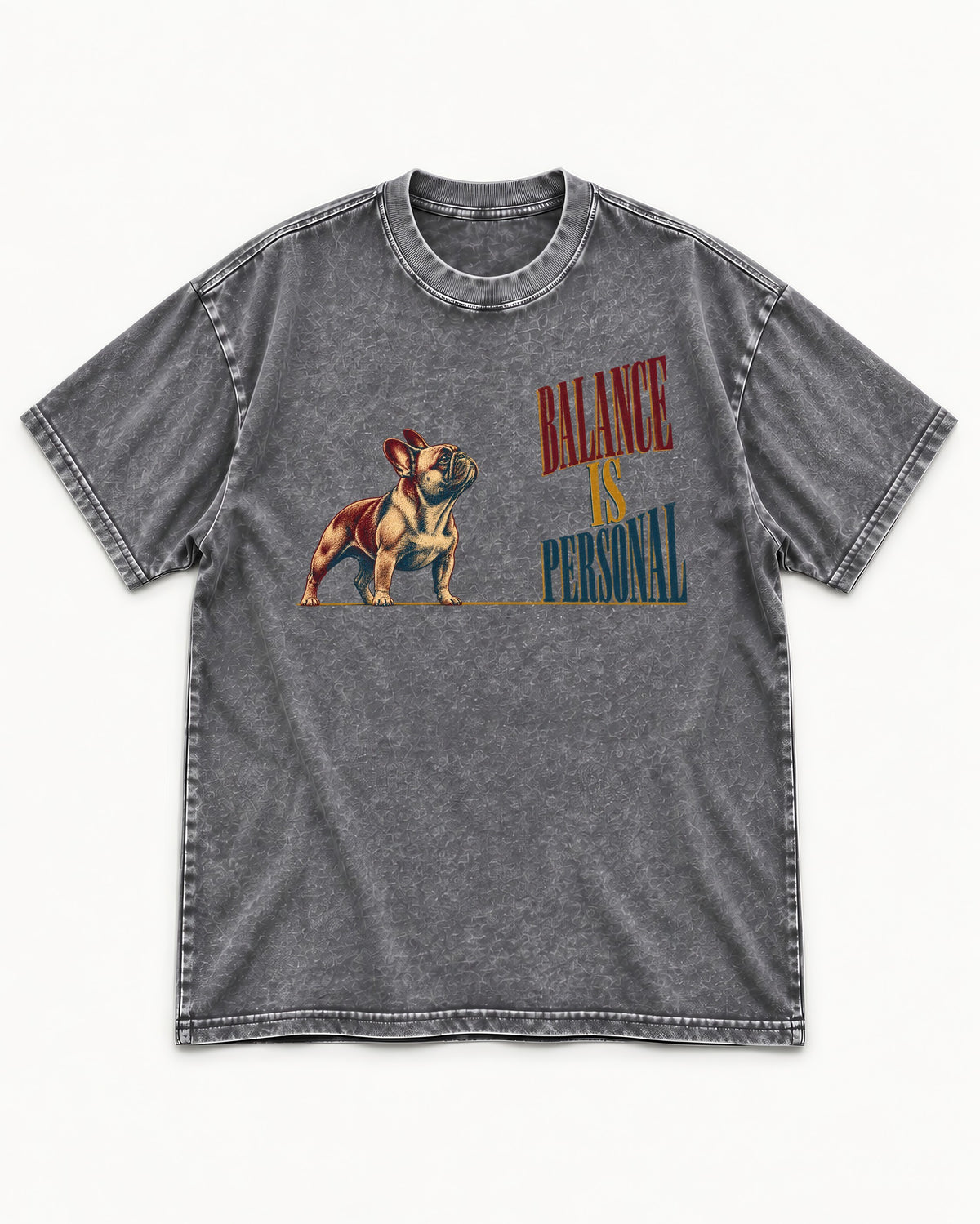 Frenchie Balance Is Personal Washed Tee in Gray, flat lay product photo