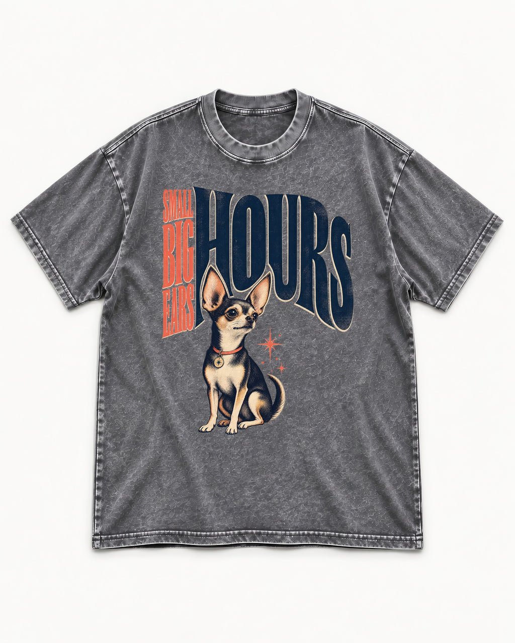 Chihuahua Small Big Ears Hours Washed Tee in Gray, flat lay product photo
