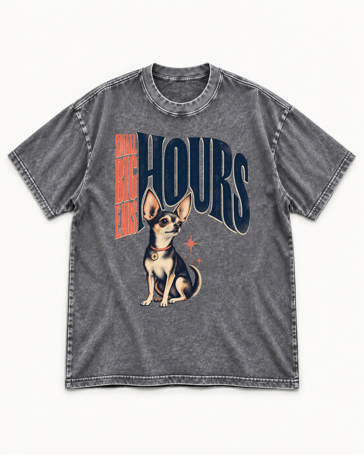 Chihuahua Small Big Ears Hours Washed Tee in Gray, flat lay product photo