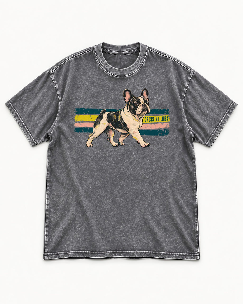 Frenchie Cross No Lines Washed Tee in Gray, flat lay product photo